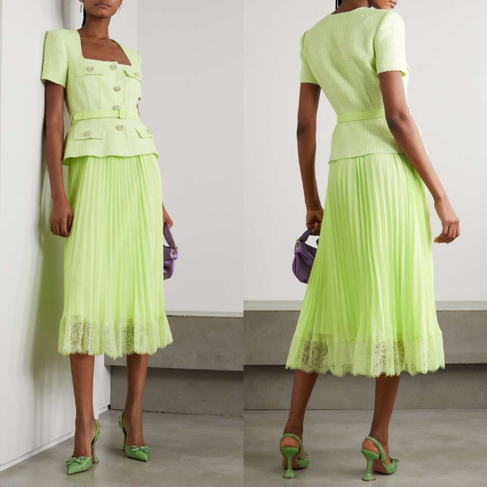 NWT Self-Portrait Lime Boucle Chiffon Midi Dress Green Sz 0 Tailored Fit Pleated